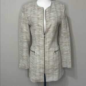 Zara Cream Beige Tweed Zip-Front Collarless Blazer